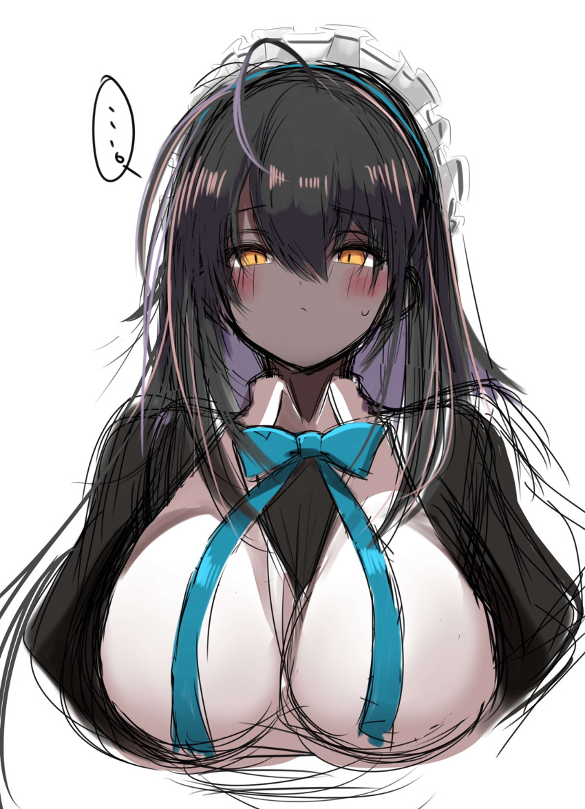 ... 10eki_(tenchou) 1girl ahoge apron bangs black_dress black_hair blue_archive blue_neckwear blush bow bowtie breasts closed_mouth cropped_torso dark_skin dark-skinned_female dress eyebrows_visible_through_hair hair_between_eyes highres karin_(blue_archive) large_breasts long_hair maid maid_headdress simple_background sketch solo spoken_ellipsis sweat upper_body white_apron white_background yellow_eyes