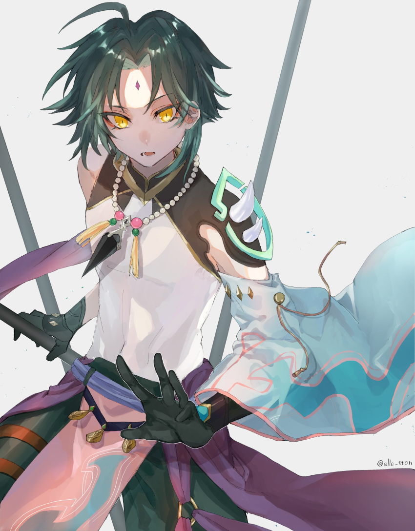 1boy absurdres ahoge asymmetrical_clothes bead_necklace beads black_gloves eruto facial_mark forehead_mark genshin_impact gloves gradient_hair green_hair grey_background highres holding holding_weapon jewelry male_focus multicolored_hair necklace open_mouth polearm simple_background solo tassel twitter_username weapon xiao_(genshin_impact) yellow_eyes