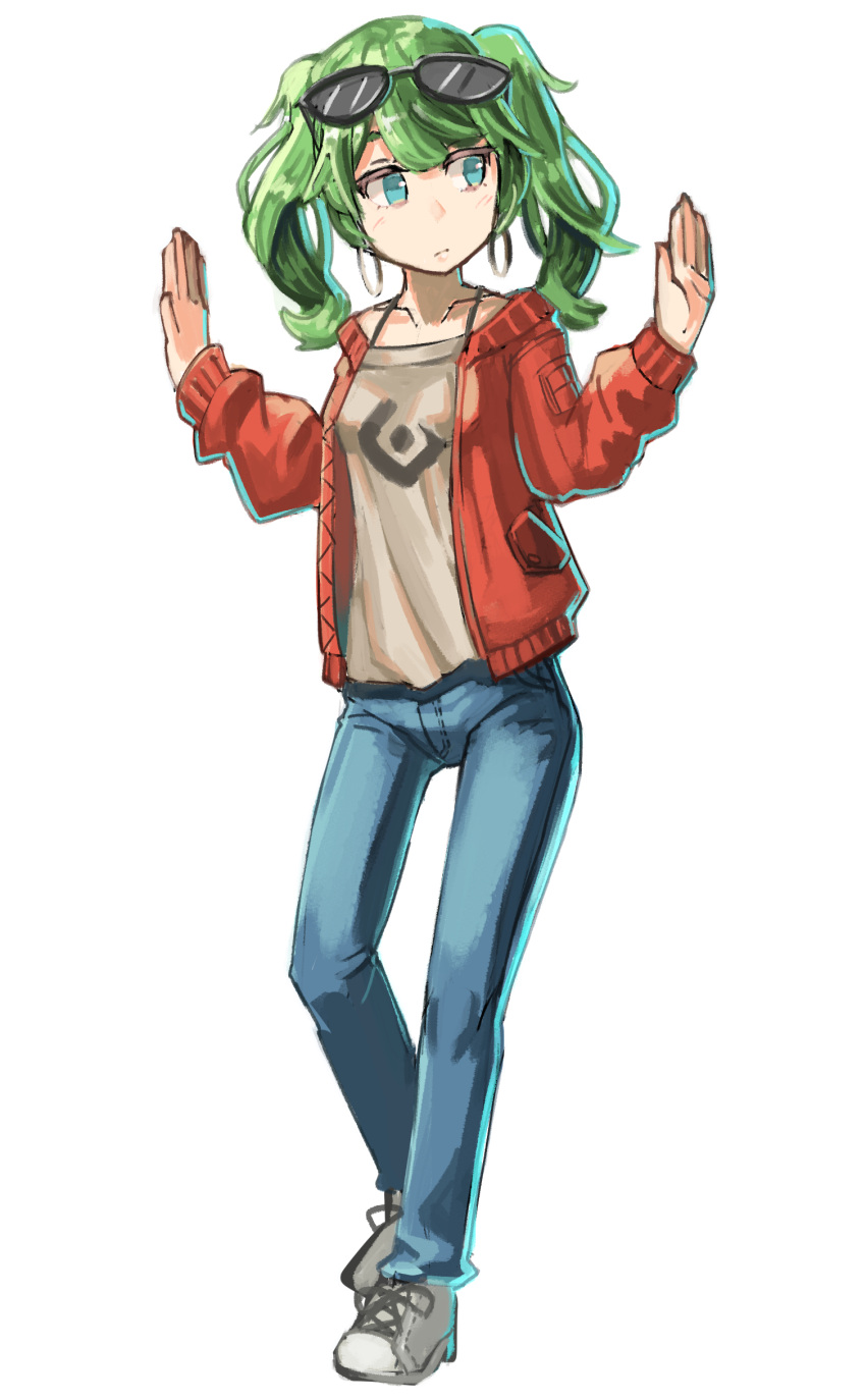 1girl absurdres aqua_eyes commentary denim eyewear_on_head full_body green_hair hands_up hatsune_miku highres jacket jeans looking_to_the_side medium_hair pants propellerwalker red_jacket shirt shoes sneakers solo spaghetti_strap standing suna_no_wakusei_(vocaloid) sunglasses twintails vocaloid white_background white_footwear white_shirt