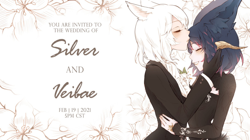 2girls animal_ears au_ra closed_eyes commission commissioner_upload dark_blue_hair dated dress english_text final_fantasy final_fantasy_xiv forehead_kiss formal highres horns indie_virtual_youtuber kiss miqo'te multicolored_hair multiple_girls silvervale streaked_hair suit upper_body vei_(vtuber) vshojo wedding_dress white_hair wife_and_wife yoclesh yuri