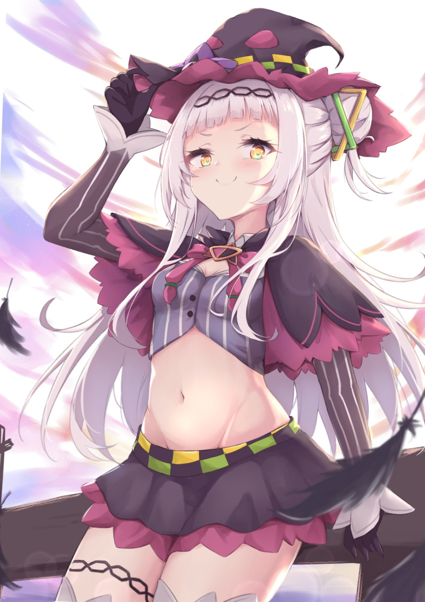 1girl arm_up bangs black_capelet black_feathers black_gloves black_headwear black_skirt blush breasts capelet closed_mouth commentary_request crop_top feathers gloves grey_shirt groin hair_bun hakuya_(white_night) hat highres hololive long_hair long_sleeves looking_at_viewer midriff murasaki_shion navel shirt side_bun skirt sleeves_past_wrists small_breasts smile solo striped striped_shirt thigh-highs v-shaped_eyebrows vertical-striped_shirt vertical_stripes very_long_hair virtual_youtuber white_hair white_legwear witch_hat yellow_eyes