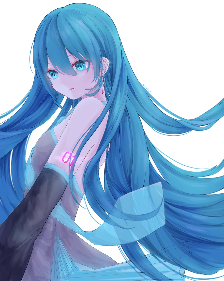 1girl bangs black_sleeves blue_eyes blue_hair blue_neckwear detached_sleeves earrings floating_hair from_side grey_shirt hair_down hatsune_miku highres jewelry katorea long_hair long_sleeves necktie open_mouth shirt simple_background sleeveless sleeveless_shirt solo standing transparent very_long_hair vocaloid white_background