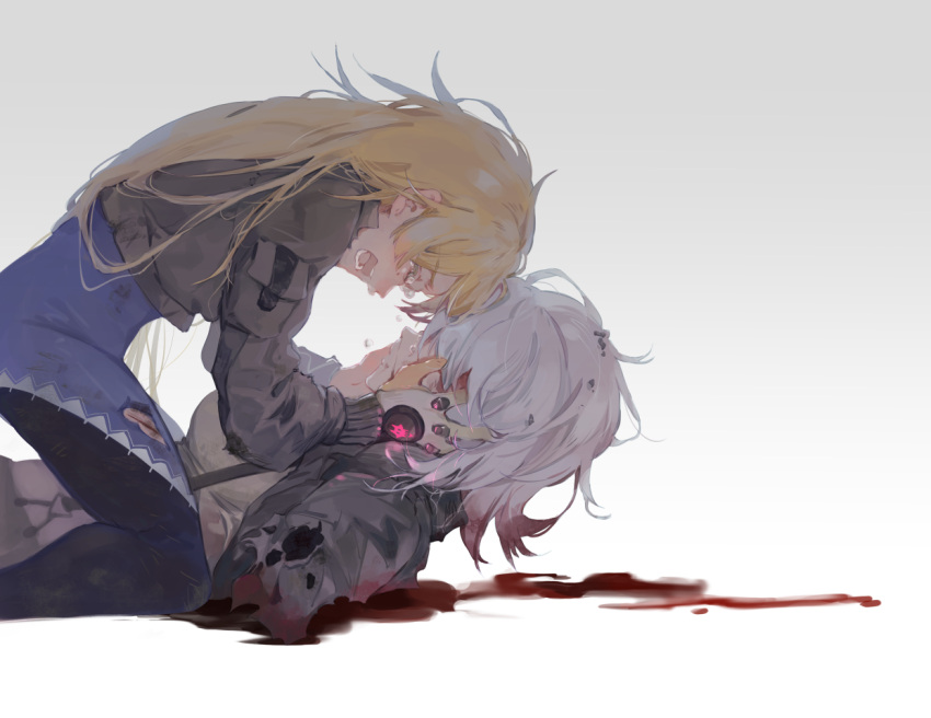 2girls blonde_hair blood blue_dress brown_jacket crying dress girls_frontline gradient gradient_background grey_background grey_hair holding_head injury jacket kneeling long_hair long_sleeves lying multiple_girls on_back open_mouth pantyhose short_hair shuzi sl8_(girls_frontline) tears torn_clothes torn_jacket vhs_(girls_frontline)