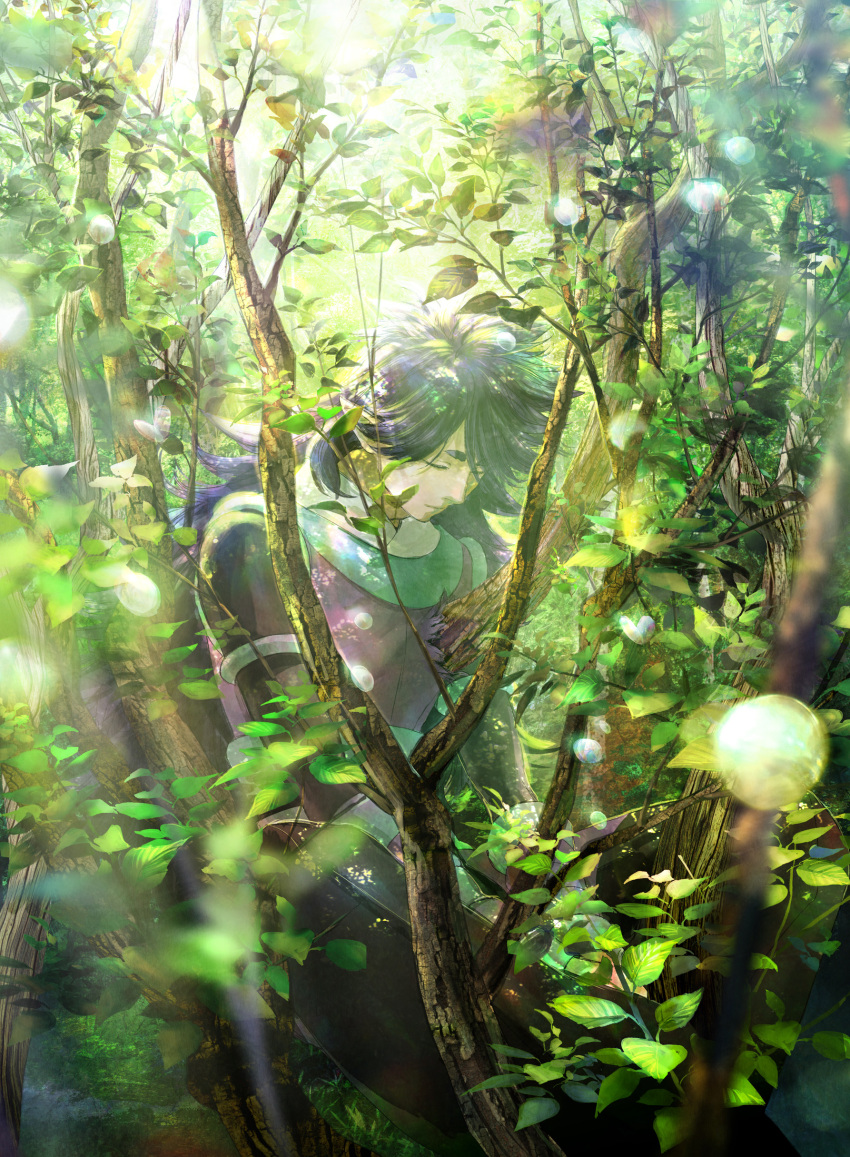 1boy absurdres branch closed_eyes fengxi_(the_legend_of_luoxiaohei) highres leaf long_hair micho nature plant pointy_ears purple_hair solo the_legend_of_luo_xiaohei upper_body