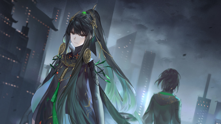 2girls bangs black_hair building character_request gradient_hair green_hair grey_eyes highres jewelry long_hair multicolored_hair multiple_girls necklace outdoors overcast punishing:_gray_raven upper_body very_long_hair yinzinmiemie