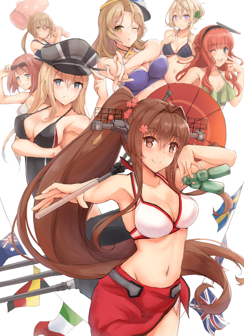 6+girls absurdres american_flag ark_royal_(kancolle) australian_flag bikini bismarck_(kancolle) black_bikini black_swimsuit blonde_hair blue_bikini blue_eyes blush braid braided_bun breasts brown_eyes brown_hair closed_mouth collarbone de_ruyter_(kancolle) eyebrows_visible_through_hair eyewear_on_head flower french_braid german_flag green_bikini green_eyes hair_between_eyes hair_flower hair_ornament hat highres houston_(kancolle) italian_flag k_jie kantai_collection large_breasts long_hair low_twintails military_hat multiple_girls navel oil-paper_umbrella one-piece_swimsuit one_eye_closed peaked_cap perth_(kancolle) pink_flower ponytail red_sarong red_umbrella redhead sarong short_hair simple_background smile sunglasses swedish_flag swimsuit tashkent_(kancolle) twintails umbrella union_jack violet_eyes white_background white_bikini yamato_(kancolle)