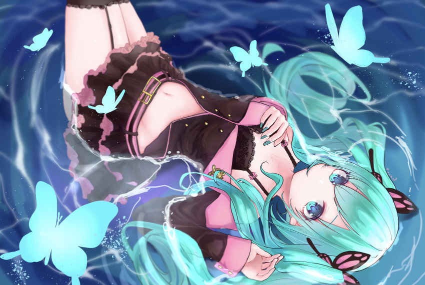 1girl bangs belt_buckle black_bra black_jacket black_legwear black_skirt blue_eyes blue_hair bra breasts buckle bug butterfly butterfly_hair_ornament collarbone eyebrows_visible_through_hair floating_hair frilled_legwear frilled_skirt frills hair_between_eyes hair_ornament hatsune_miku highres insect jacket katorea layered_skirt long_hair lying midriff miniskirt navel off-shoulder_jacket on_back open_clothes open_jacket shiny shiny_hair skirt small_breasts solo stomach thigh-highs twintails underwear very_long_hair vocaloid water_surface zettai_ryouiki