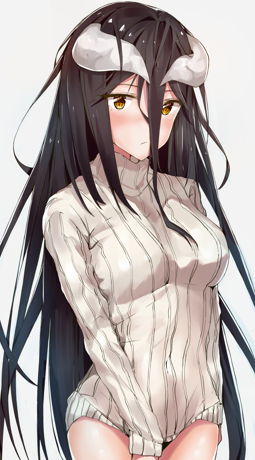 1girl absurdres albedo_(overlord) between_legs black_hair breasts closed_mouth demon_girl demon_horns eyebrows_visible_through_hair hair_between_eyes hand_between_legs highres horns long_hair looking_at_viewer medium_breasts overlord_(maruyama) ribbed_sweater slit_pupils solo sweater very_long_hair viewran yellow_eyes