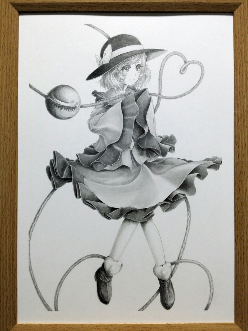 1girl eyeball frilled_sleeves frills full_body graphite_(medium) hat hat_ribbon heart heart_of_string highres komeiji_koishi long_sleeves medium_hair monochrome photo_(medium) ribbon sek-it simple_background skirt smile solo third_eye touhou traditional_media white_background wide_sleeves