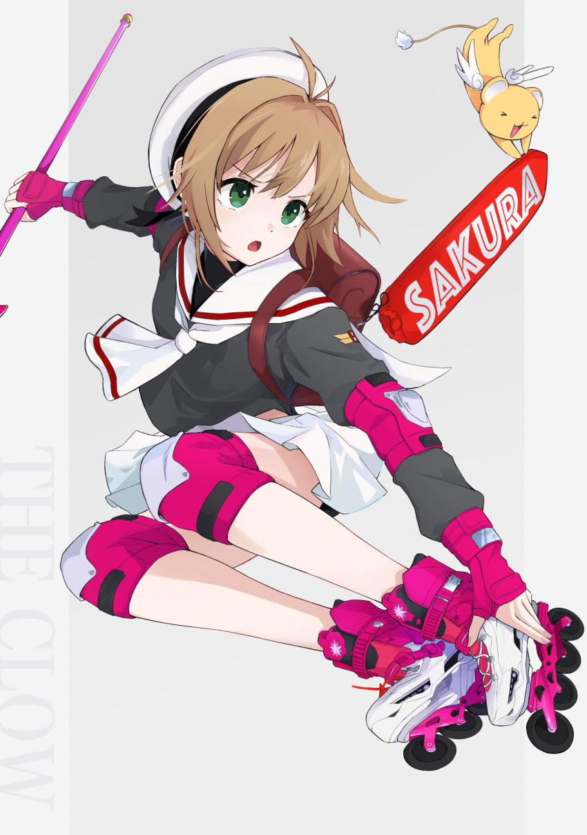 1girl ahoge bag brown_hair cardcaptor_sakura dress green_eyes hat highres holding holding_wand inline_skates kero kinomoto_sakura knee_guards open_mouth raiz_x_ace roller_skates sailor_collar sailor_dress school_bag short_hair skates wand white_headwear white_neckwear