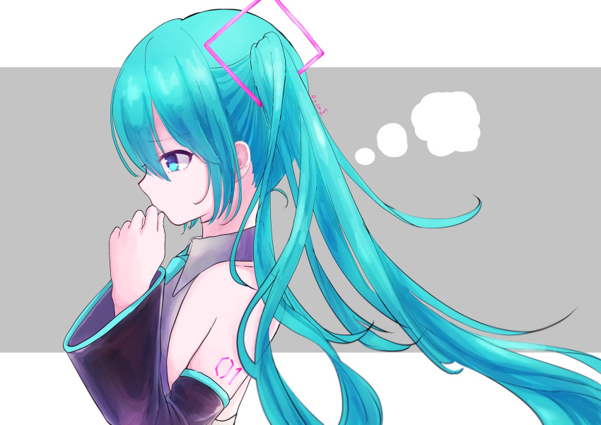 1girl bangs black_sleeves blue_eyes blue_hair border collared_shirt detached_sleeves eyebrows_visible_through_hair floating_hair from_side grey_background grey_shirt hair_between_eyes hair_ornament hatsune_miku highres katorea letterboxed long_hair long_sleeves profile shiny shiny_hair shirt sleeveless sleeveless_shirt solo thought_bubble twintails upper_body very_long_hair white_border wing_collar