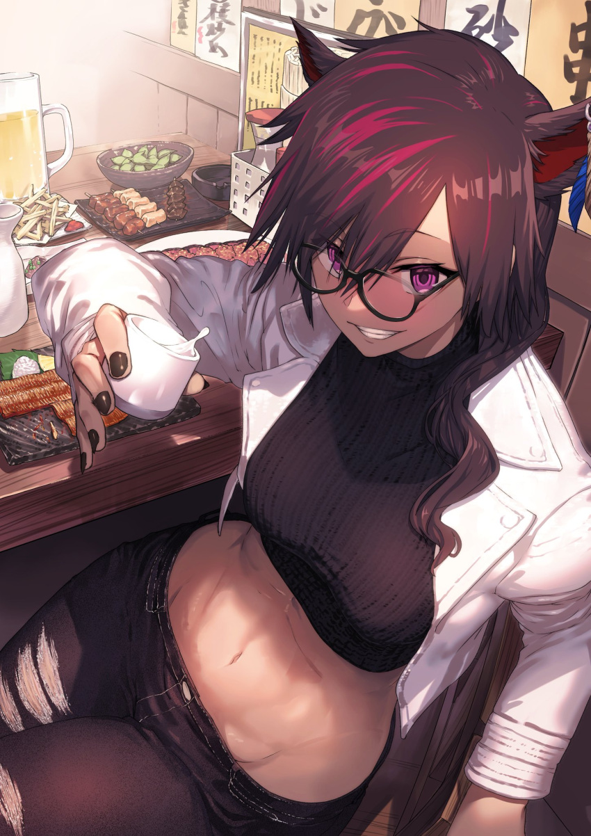 1girl alcohol animal_ears bangs black-framed_eyewear black_hair black_nails black_pants black_sweater bottle breasts chair commission cropped_jacket cropped_sweater cup eyebrows_visible_through_hair food grin hair_between_eyes hair_over_shoulder highres holding holding_cup jacket long_sleeves looking_at_viewer meat medium_breasts midriff mug multicolored_hair nakanishi_tatsuya navel open_clothes open_jacket original pants pink_hair plate ribbed_sweater sake sake_bottle sitting skeb_commission smile solo stomach streaked_hair sweater table torn_clothes torn_pants violet_eyes wavy_hair white_jacket