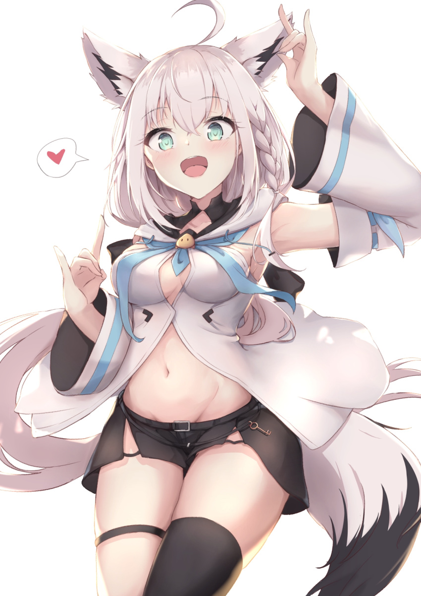 1girl :d ahoge animal_ear_fluff animal_ears aqua_eyes arm_up armpits bare_shoulders black_legwear black_shorts braid breasts cleavage_cutout clothing_cutout commentary_request cowboy_shot detached_sleeves double_fox_shadow_puppet extra_ears fox_ears fox_girl fox_shadow_puppet fox_tail groin hakuya_(white_night) hand_up heart highres hololive long_hair long_sleeves looking_at_viewer medium_breasts micro_shorts midriff navel open_mouth shirakami_fubuki shirt short_shorts shorts side_slit simple_background single_thighhigh smile solo spoken_heart standing stomach tail thigh-highs thigh_strap thighs very_long_hair virtual_youtuber white_background white_hair white_shirt