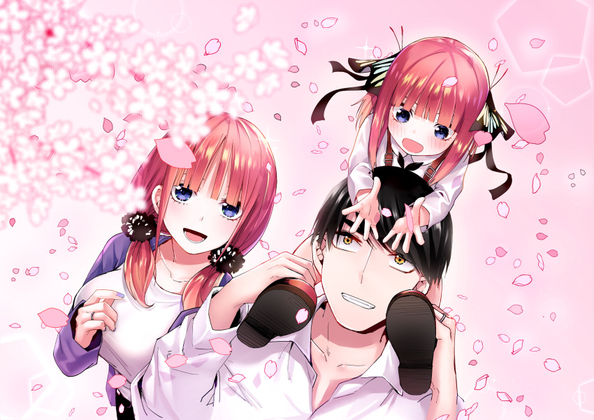 1boy 2girls :d antenna_hair bangs black_hair black_ribbon blue_eyes blunt_bangs blush breasts butterfly_hair_ornament cardigan carrying cherry_blossoms child collarbone collared_shirt commentary_request couple cowboy_shot eyebrows_behind_hair falling_petals father_and_daughter go-toubun_no_hanayome grin hair_between_eyes hair_ornament hair_ribbon highres husband_and_wife if_they_mated jewelry kosmos_beta large_breasts long_hair long_sleeves looking_at_another low_twintails lower_teeth multicolored multicolored_nails multiple_girls nakano_nino open_cardigan open_clothes open_mouth petals piggyback pink_background pink_footwear pink_hair purple_cardigan ribbon ring shirt shoes short_hair sidelocks smile standing swept_bangs teeth tress_ribbon twintails two_side_up uesugi_fuutarou wedding_band white_shirt yellow_eyes