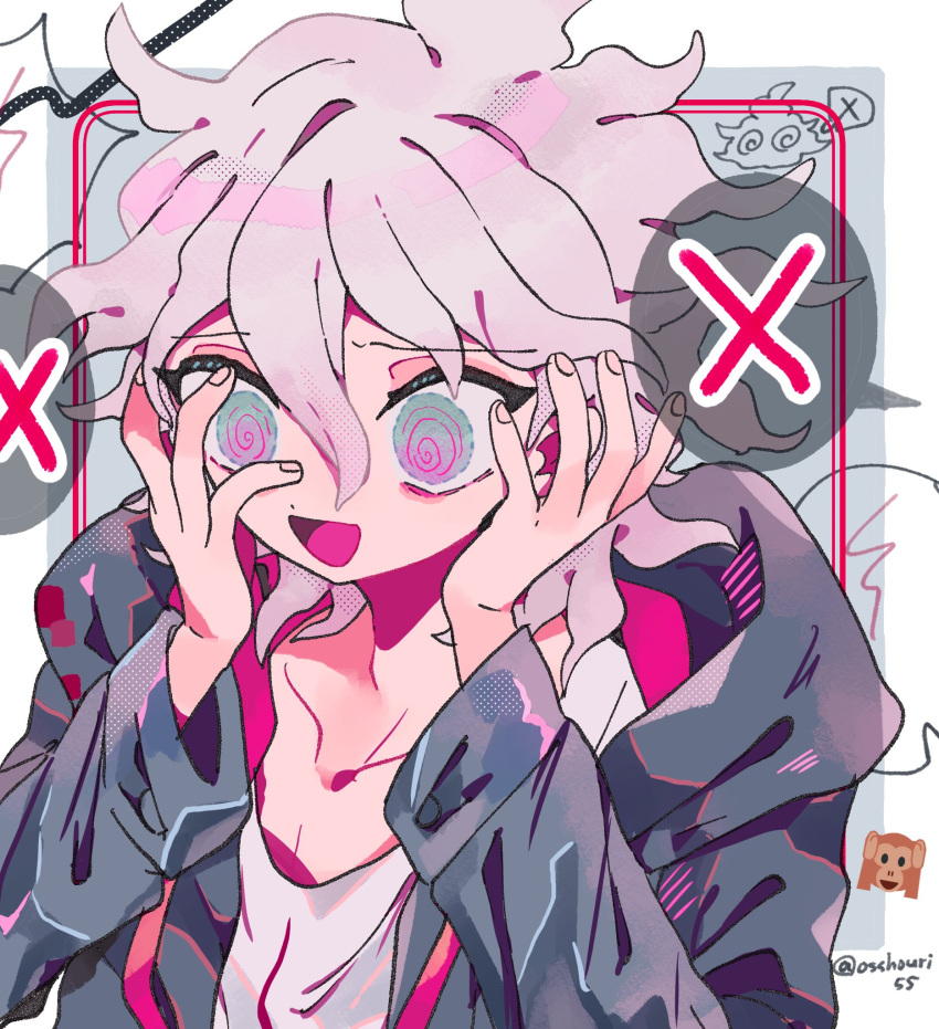 1girl :d bangs collarbone commentary_request crazy_eyes dangan_ronpa_(series) dangan_ronpa_2:_goodbye_despair emoji green_jacket grey_hair hair_between_eyes hands_on_own_cheeks hands_on_own_face hands_up highres hood hood_down jacket komaeda_nagito long_sleeves looking_at_viewer open_clothes open_jacket open_mouth osshouri55 pink_eyes shirt smile solo three_monkeys upper_body