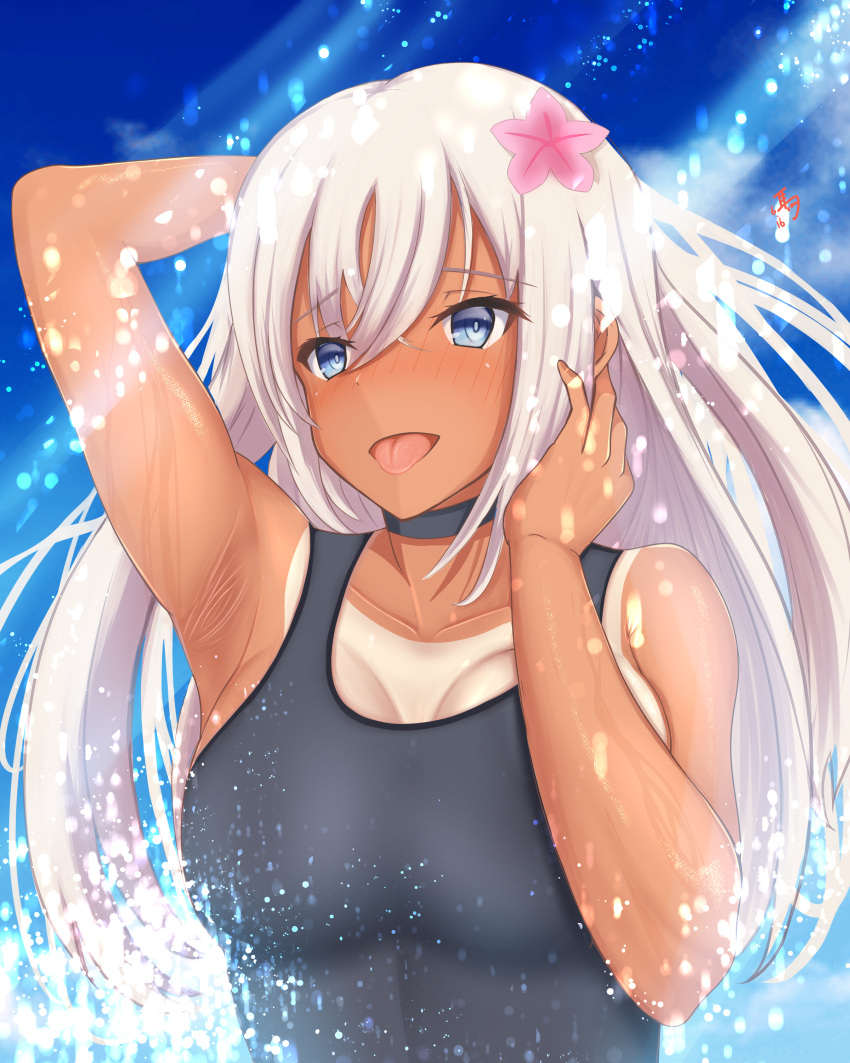1girl absurdres armpit_crease bangs bare_shoulders blue_eyes blush breasts choker collarbone eyebrows_visible_through_hair flower hair_flower hair_ornament highres kantai_collection large_breasts long_hair older one-piece_swimsuit platinum_blonde_hair ro-500_(kancolle) solo swimsuit tan tanline tonbury tongue tongue_out