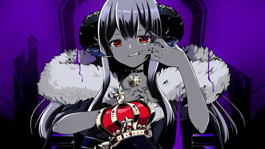 1girl black_choker chinese_commentary choker ciyana collarbone crown fang finger_to_mouth fur_trim head_tilt highres horns ikakun indie_virtual_youtuber king_(vocaloid) long_hair looking_at_viewer mole mole_under_eye mouth_pull parody red_eyes sitting solo throne virtual_youtuber