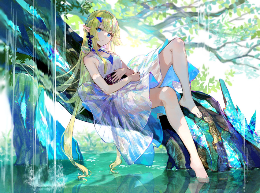 1girl bare_arms bare_legs bare_shoulders barefoot belt blue_choker blue_eyes blurry braid breasts check_copyright choker closed_mouth copyright_request day depth_of_field dress earrings elf expressionless fuzichoco green_hair hair_ornament head_tilt highres jewelry knee_up long_hair looking_at_viewer multiple_belts nature original pointy_ears reclining sidelocks sleeveless sleeveless_dress small_breasts solo sunlight tree tree_shade very_long_hair water waterfall white_dress