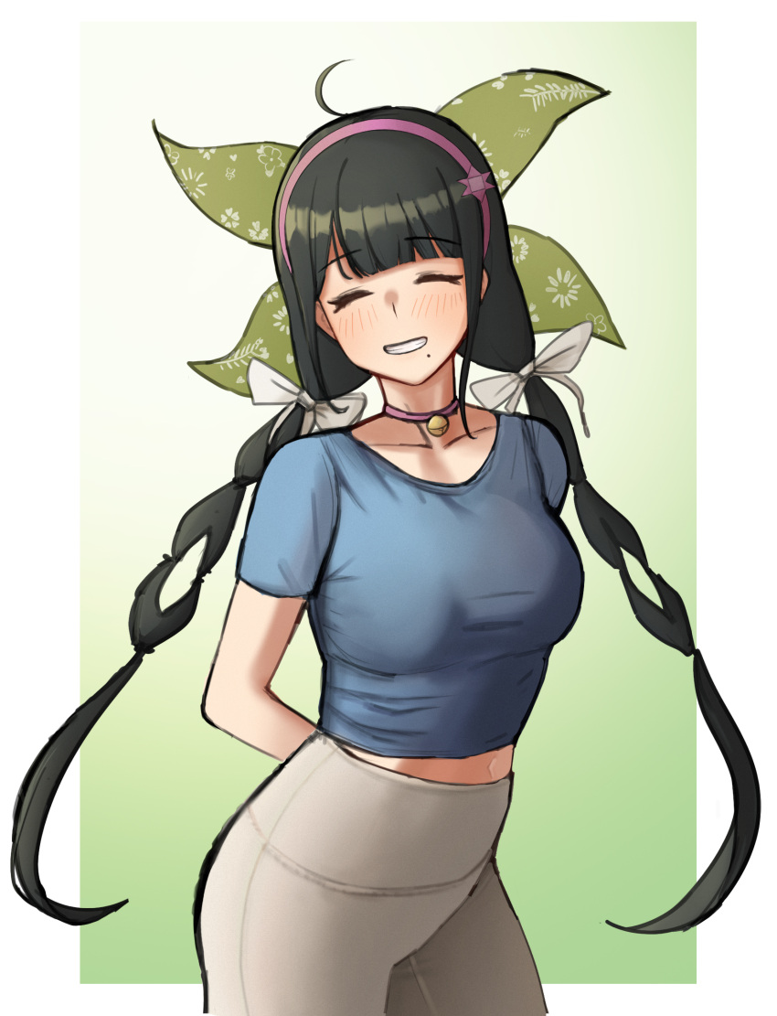 1girl absurdres ahoge alternate_costume arms_behind_back bangs black_hair blunt_bangs blush bow braid breasts chabashira_tenko choker closed_eyes collarbone commentary_request cowboy_shot dangan_ronpa_(series) dangan_ronpa_v3:_killing_harmony eyebrows_visible_through_hair floral_print gradient gradient_background green_background grin hair_bow hair_ornament hairband highres large_breasts long_hair mole mole_under_mouth pink_choker pink_hairband school_uniform seongkun_(agn000) short_sleeves skirt smile solo twin_braids twintails white_background