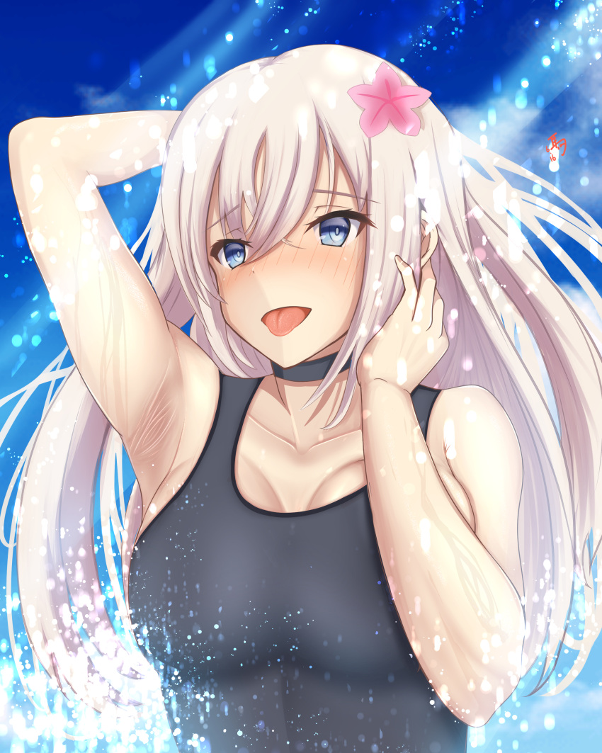 1girl absurdres alternate_skin_color armpit_crease bangs bare_shoulders blue_eyes blush breasts choker collarbone eyebrows_visible_through_hair flower hair_flower hair_ornament highres kantai_collection large_breasts long_hair older one-piece_swimsuit platinum_blonde_hair ro-500_(kancolle) solo swimsuit tonbury tongue tongue_out