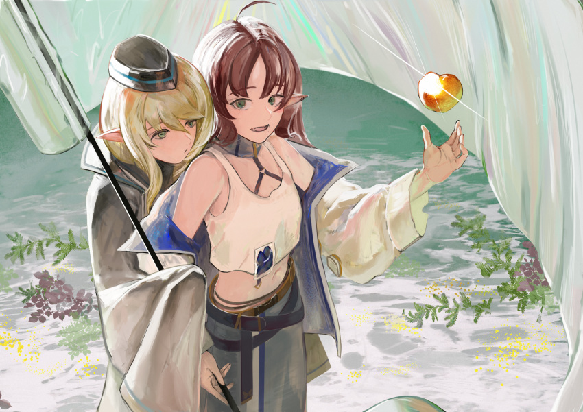 2girls arknights blonde_hair brown_hair cowboy_shot durin_(arknights) flag glint hat highres jacket leaf long_sleeves midriff multiple_girls myrtle_(arknights) navel open_mouth plant pointy_ears smile tank_top the_taika upper_body white_jacket white_tank_top