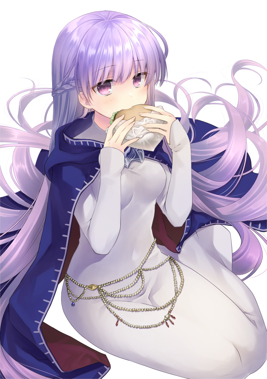 1girl absurdly_long_hair absurdres belly_chain blue_cape blue_dress braid breasts cape commission commissioner_upload dated dress eating expressionless eyebrows_visible_through_hair fire_emblem fire_emblem:_the_binding_blade food french_braid fujiwara_minaho hamburger highres jewelry long_hair medium_breasts navel purple_hair sitting solo sophia_(fire_emblem) very_long_hair violet_eyes