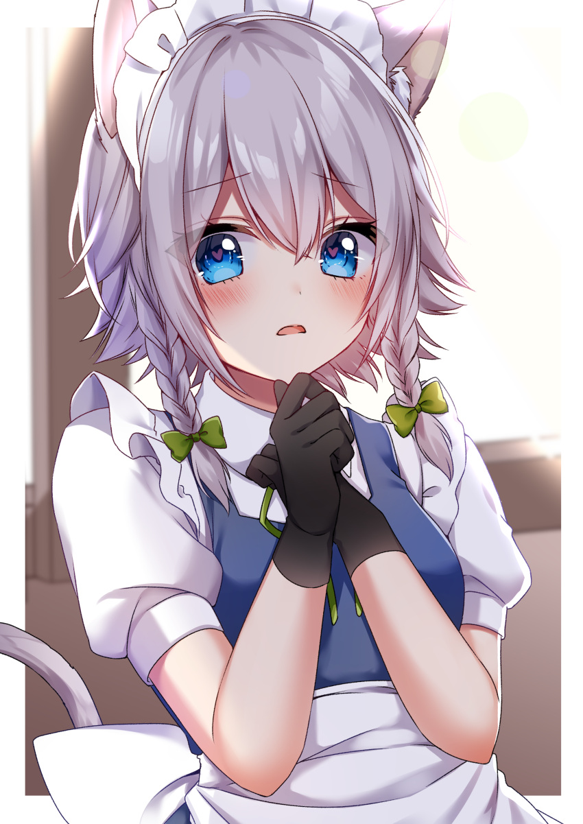 1girl absurdres animal_ear_fluff animal_ears black_gloves blue_eyes blush bow braid cat_ears cat_tail commentary_request eyebrows_visible_through_hair gloves hair_bow heart heart-shaped_pupils highres izayoi_sakuya kemonomimi_mode looking_at_viewer neck_ribbon open_mouth puffy_short_sleeves puffy_sleeves ribbon shiki_(s1k1xxx) short_sleeves side_braids silver_hair solo symbol-shaped_pupils tail touhou twin_braids upper_body vest waist_bow