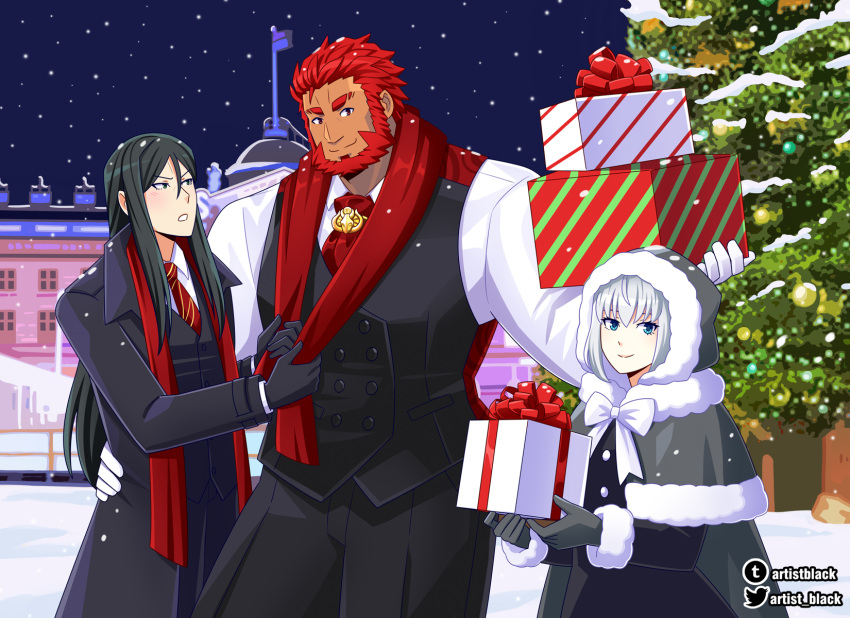 1girl 2boys alternate_costume artist_black beard black_pants black_vest christmas christmas_tree cravat facial_hair fate/grand_order fate_(series) feet_out_of_frame formal gray_(fate) highres iskandar_(fate) lord_el-melloi_ii male_focus mature_male multiple_boys muscular muscular_male pants pectorals red_eyes red_scarf redhead scarf shirt short_hair sidelocks smile snowing vest waver_velvet white_shirt