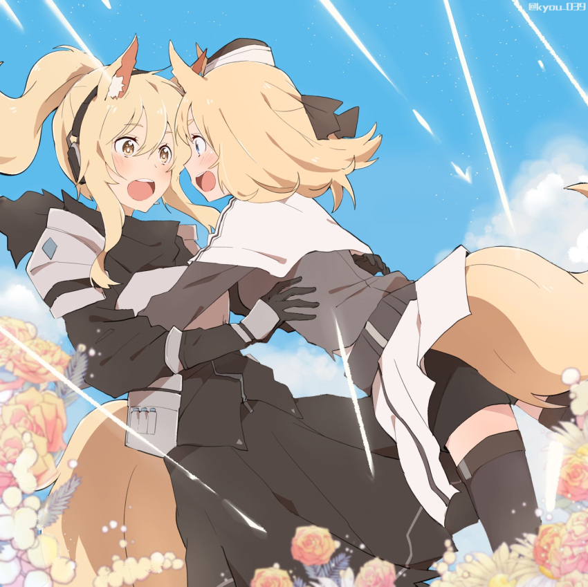 2girls animal_ear_fluff animal_ears arknights armor aunt_and_niece beret black_bow blonde_hair blue_eyes blue_sky blush bow breastplate dress feathers flower hair_bow hat highres horse_ears horse_girl horse_tail hug kyou_039 large_tail long_dress long_hair long_sleeves looking_at_another multiple_girls nearl_(arknights) open_mouth signature sky tail thigh-highs twitter_username whislash_(arknights) white_armor yellow_eyes zettai_ryouiki