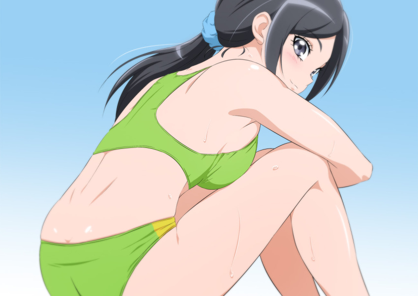 1girl arm_rest armpits ass athlete back bare_arms bare_legs bare_shoulders bikini black_hair blue_background blush breast_squeeze breasts buruma butt_crack commentary_request from_side fuchi_(nightmare) gradient gradient_background green_bikini green_eyes healin'_good_precure knees_up large_breasts leaning_forward legs_together long_hair looking_back precure sawaizumi_chiyu shiny shiny_hair shiny_skin side_ponytail sideboob sidelocks sitting smile smirk solo sports_bikini sports_bra sportswear sweat swimsuit thighs track_and_field track_uniform