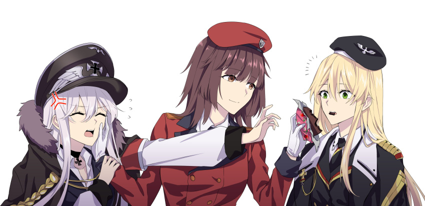 3girls absurdres beret black_choker black_headwear black_jacket black_neckwear blonde_hair brown_eyes brown_hair chocolate choker closed_eyes closed_mouth commander_(girls_frontline) cross cross_necklace eating eyebrows_visible_through_hair food fur-trimmed_jacket fur_trim girls_frontline gloves green_eyes hand_on_hand hand_on_own_face happy_valentine hat highres holding holding_chocolate holding_food holding_hand jacket jewelry kar98k_(girls_frontline) long_hair looking_at_another military military_hat military_jacket military_uniform multiple_girls necklace necktie open_mouth red_headwear red_jacket shirt silver_hair smile stg44_(girls_frontline) suprii uniform valentine white_background white_gloves white_shirt