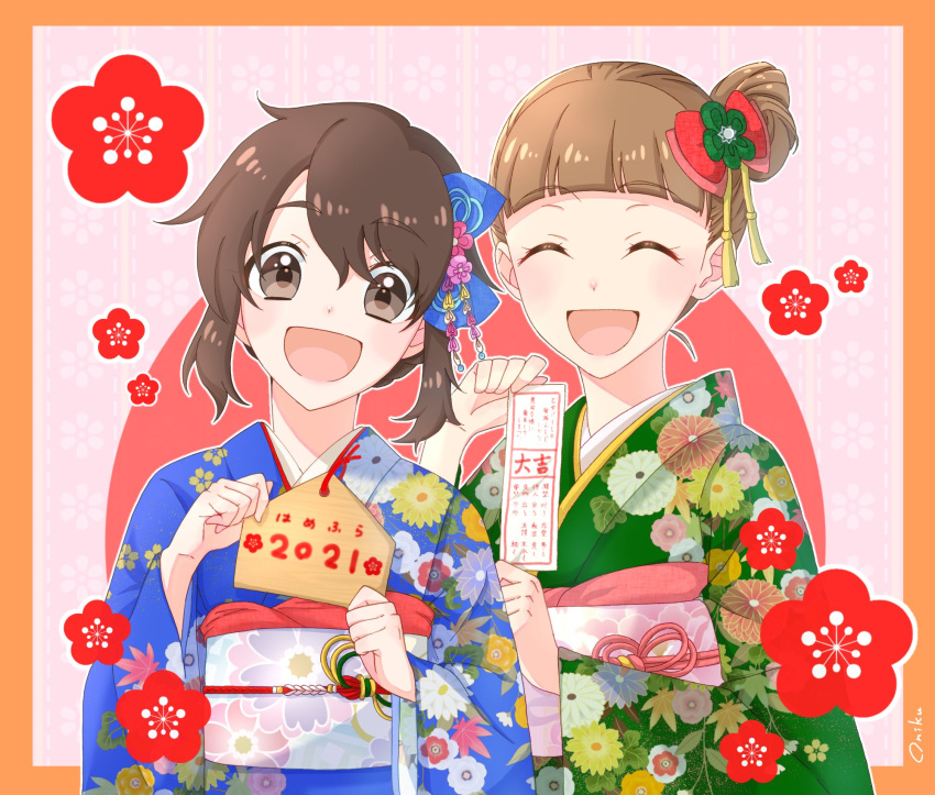 2021 2girls :d alternate_hairstyle artist_name bangs blue_kimono blunt_bangs blush copyright_name ema eyebrows_visible_through_hair facing_viewer floral_print green_kimono hair_ornament hair_up hatsumoude highres holding japanese_clothes kimono looking_at_viewer monkey_girl_(hamefura) multiple_girls new_year obi omikuji one_side_up open_mouth orange_background otome_game_no_hametsu_flag_shika_nai_akuyaku_reijou_ni_tensei_shite_shimatta print_kimono sasaki_atsuko_(hamefura) sash signature smile yawaraka_oniku