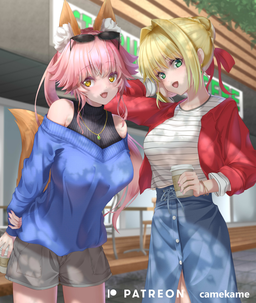 2girls absurdres ahoge animal_ear_fluff animal_ears bangs blonde_hair blue_skirt blue_sweater blush braid breasts buttons coffee_cup contemporary cup disposable_cup eyewear_on_head fate/extra fate_(series) fox_ears fox_girl fox_tail french_braid green_eyes grey_shorts hair_between_eyes hair_bun hair_intakes highres jacket jewelry kamehito large_breasts long_hair looking_at_viewer multiple_girls necklace nero_claudius_(fate) nero_claudius_(fate)_(all) off-shoulder_sweater off_shoulder open_mouth pink_hair red_jacket shirt shorts sidelocks skirt smile sunglasses sweater tail tamamo_(fate)_(all) tamamo_no_mae_(fate) white_shirt yellow_eyes