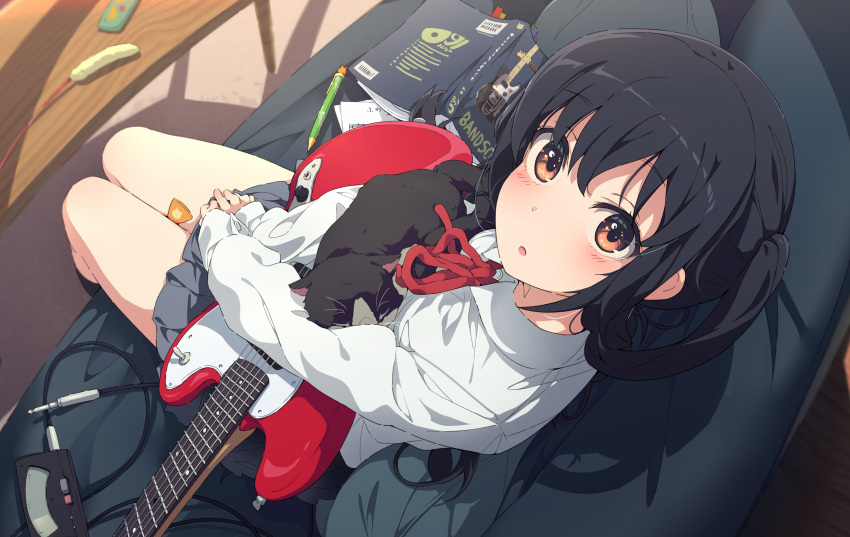 1girl absurdres animal_on_lap black_hair book brown_eyes cat cat_on_lap cat_teaser commentary_request couch dress_shirt electric_guitar from_above grey_skirt guitar highres instrument k-on! long_hair long_sleeves looking_at_viewer nakano_azusa ogipote pen pleated_skirt sakuragaoka_high_school_uniform school_uniform shirt skirt twintails white_shirt