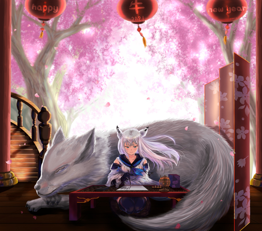 1girl 2021 absurdres animal animal_ears azur_lane black_gloves black_legwear black_sailor_collar calligraphy_brush detached_sleeves erng.h flower gloves happy_new_year highres kawakaze_(azur_lane) long_hair new_year outdoors paintbrush petals pink_flower sailor_collar sitting solo stairs table tree wariza white_hair wide_sleeves