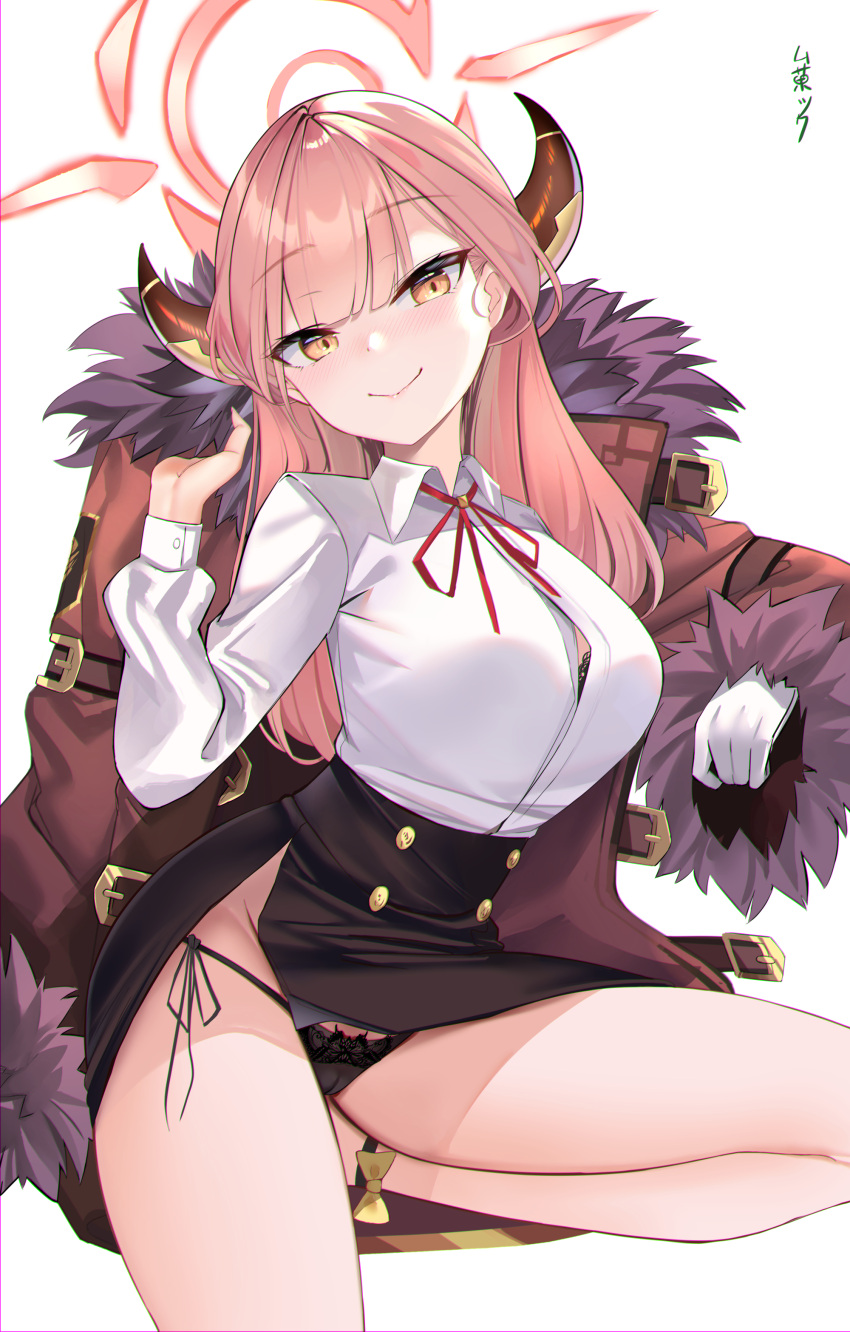 1girl absurdres aru_(blue_archive) bangs black_panties black_skirt blue_archive blush breasts brown_coat brown_eyes button_gap closed_mouth coat collared_shirt commentary_request dress_shirt fur-trimmed_coat fur_trim halo hane_yuki highres horns large_breasts legs light_brown_hair long_hair long_sleeves looking_at_viewer panties shirt sitting skirt smile thighs underwear white_shirt