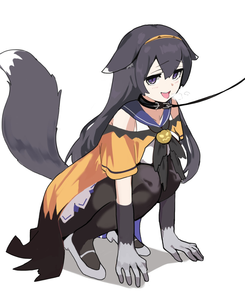 1girl absurdres animal_collar animal_ear_fluff animal_ears breasts collar firstw1 girls_frontline grey_hair heavy_breathing highres leash medium_breasts naughty_face off_shoulder official_alternate_costume open_mouth pantyhose sailor_collar solo squatting super_sass_(girls_frontline) tail tongue tongue_out violet_eyes wolf_ears wolf_tail