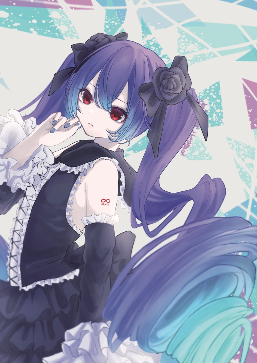 1girl bangs black_bow black_flower black_skirt black_sleeves blue_hair blue_nails bow detached_sleeves floating_hair flower frilled_sleeves frills from_side gothic_lolita gradient_hair hair_between_eyes hair_bow hair_flower hair_ornament hatsune_miku highres katorea layered_skirt lolita_fashion long_hair long_sleeves multicolored_hair nail_polish parted_lips red_eyes skirt solo twintails very_long_hair vocaloid