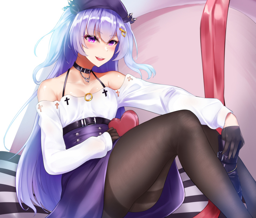 1girl ajax_(azur_lane) ajax_(valentine's_reward?)_(azur_lane) azur_lane bangs bare_shoulders black_choker black_gloves black_legwear blue_hair blush boots_removed breasts choker collarbone dress eyebrows_visible_through_hair gift gloves hat highres holding holding_gift jewelry kuzya long_hair looking_at_viewer necklace open_mouth pantyhose purple_headwear simple_background sitting small_breasts solo thighs valentine violet_eyes