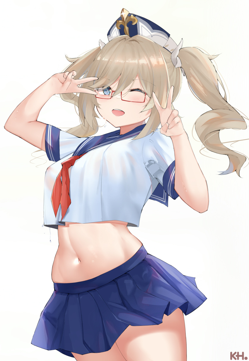 1girl ;d absurdres alternate_costume barbara_(genshin_impact) bespectacled blonde_hair blue_eyes blue_sailor_collar blue_skirt breasts contemporary covered_nipples cowboy_shot double_v drill_hair genshin_impact glasses hat highres kebohan looking_at_viewer midriff miniskirt navel one_eye_closed open_mouth pleated_skirt red-framed_eyewear sailor_collar school_uniform short_sleeves skirt smile standing stomach twin_drills twintails v