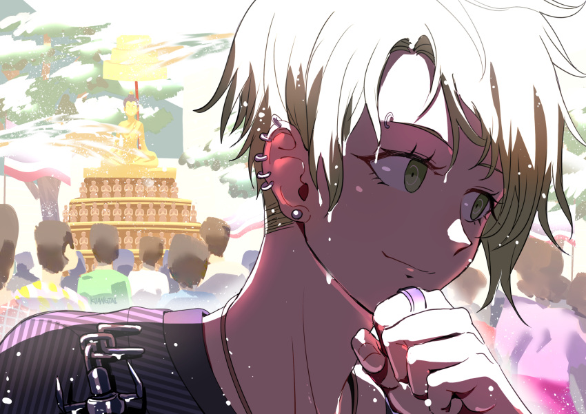 1boy amami_rantarou close-up closed_mouth commentary dangan_ronpa_(series) dangan_ronpa_v3:_killing_harmony ear_piercing earrings face green_eyes green_hair hand_on_own_chin highres jewelry kuangtai_(amami_ryoko) looking_to_the_side outdoors people piercing portrait ring shirt short_hair smile solo_focus statue striped striped_shirt water wet wet_hair