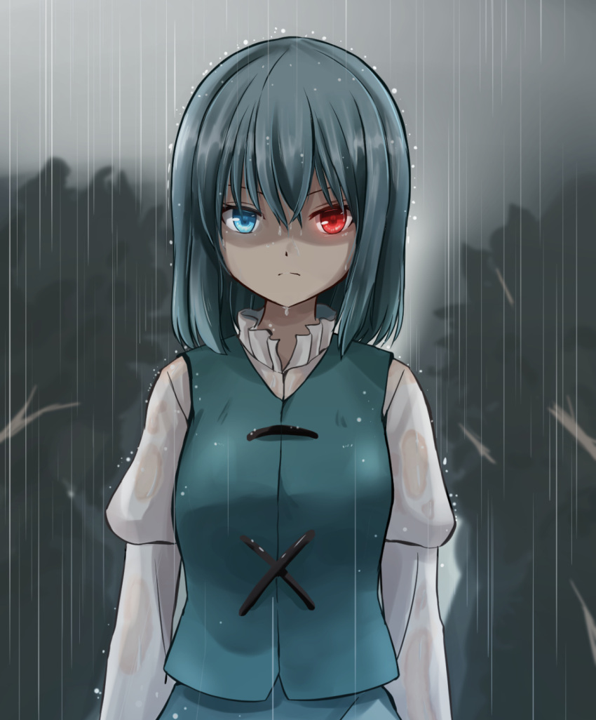 &gt;:( 1girl angry blue_eyes clouds cloudy_sky heterochromia highres kachuten looking_at_viewer rain red_eyes shirt sky solo tatara_kogasa touhou tree upper_body v-shaped_eyebrows vest wet wet_clothes wet_hair wet_shirt white_shirt