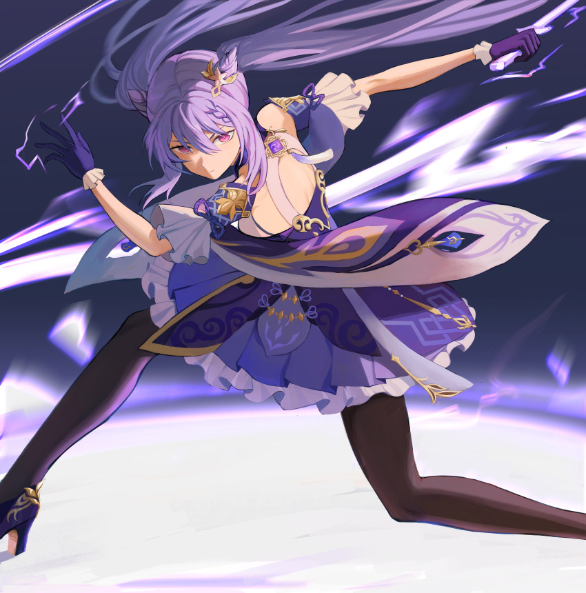 1girl absurdres black_legwear chuck_(harfmoondark) double_bun dress full_body genshin_impact glaring gloves hair_bun hair_ornament hairclip high_heels highres holding holding_sword holding_weapon keqing_(genshin_impact) lightning pantyhose purple_hair solo sword twintails violet_eyes weapon