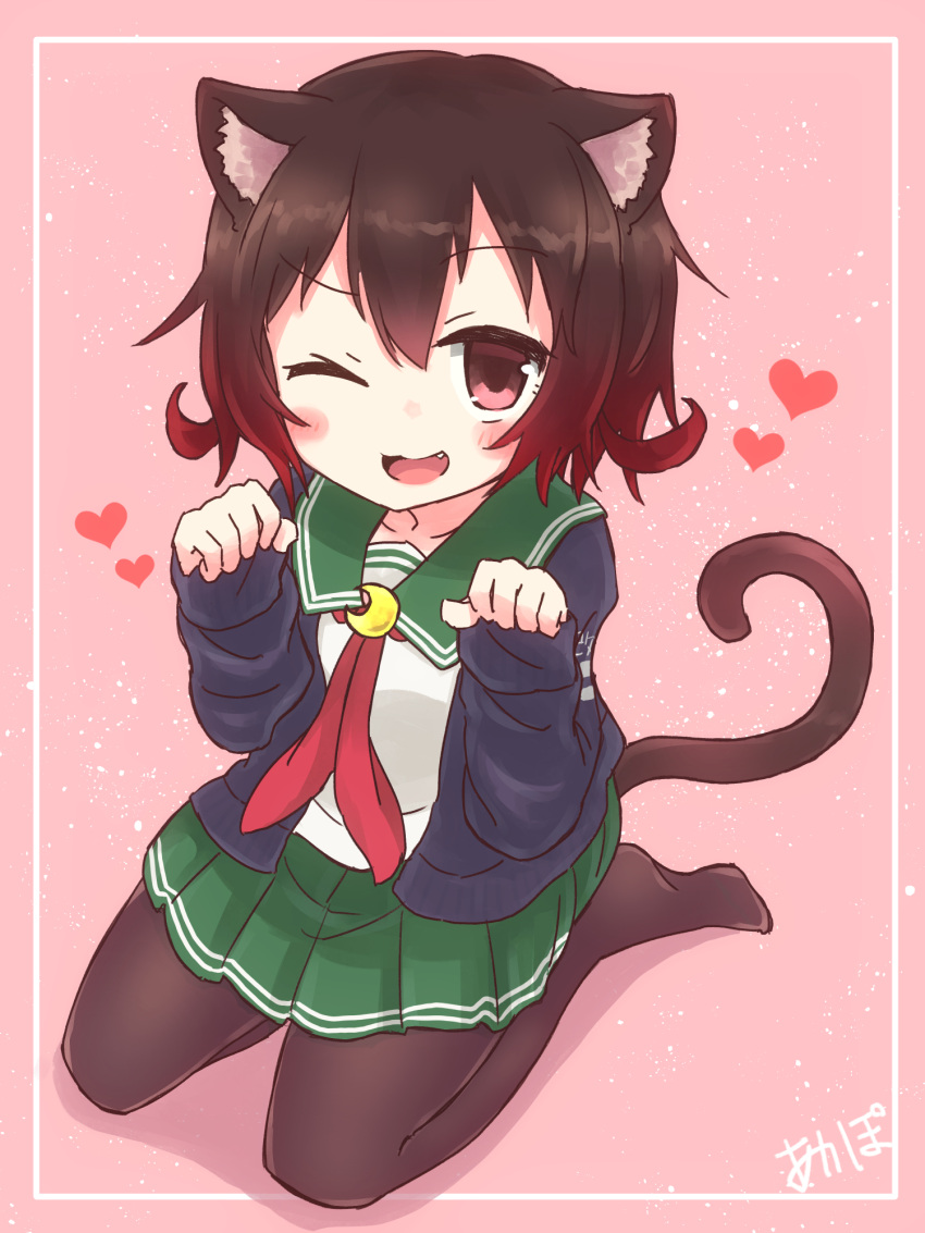 1girl akapocho animal_ears blush_stickers brown_hair cat_ears cat_tail commission crescent crescent_pin fang gradient_hair green_sailor_collar green_skirt highres jacket kantai_collection looking_at_viewer multicolored_hair mutsuki_(kancolle) neckerchief one_eye_closed pantyhose paw_pose pink_background red_neckwear redhead remodel_(kantai_collection) sailor_collar school_uniform serafuku short_hair simple_background skeb_commission skirt smile solo tail