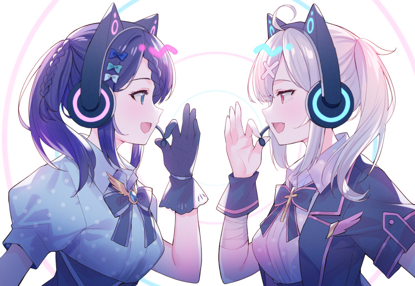 2girls :d ahoge aiba_uiha animal_ears bandaged_arm bandages black_bow black_gloves black_jacket black_skirt blue_bow blue_eyes blue_shirt bow braid breasts cat_ear_headphones collared_shirt commentary_request eye_contact fake_animal_ears fang from_side gloves grey_hair hair_bow hair_ornament happy_synthesizer_(vocaloid) headphones headset high-waist_skirt highres jacket looking_at_another medium_breasts meito_(maze) multiple_girls nijisanji open_clothes open_jacket open_mouth polka_dot polka_dot_shirt profile purple_hair red_eyes shirt short_sleeves skirt smile sukoya_kana twintails upper_body white_bow white_shirt wrist_cuffs x_hair_ornament