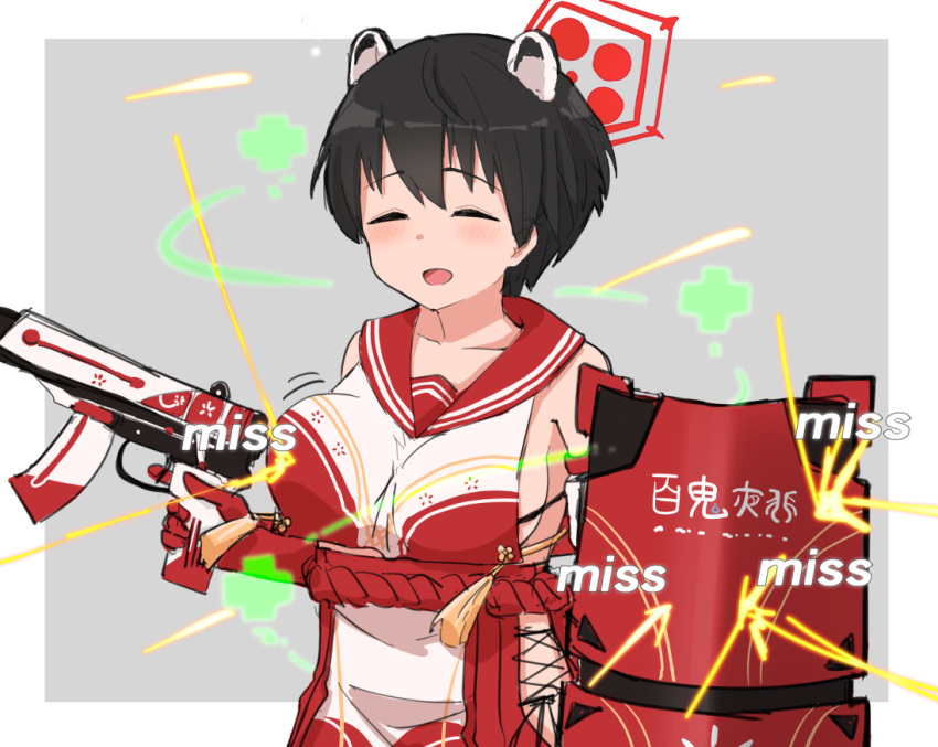 1girl animal_ears black_hair blue_archive blush bouncing_breasts breasts bullet_trail collarbone commentary_request english_text grey_background gun junes large_breasts open_mouth riot_shield short_hair simple_background solo submachine_gun tsubaki_(blue_archive) weapon