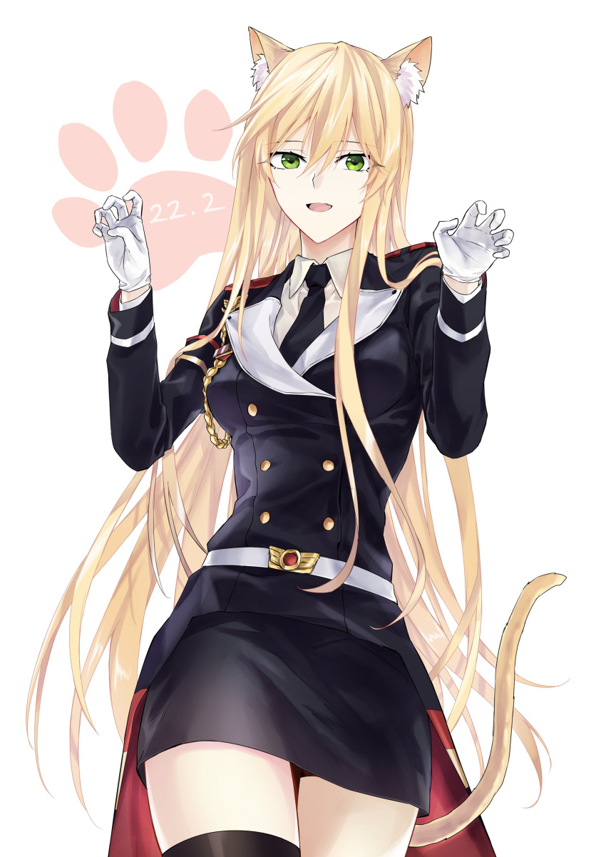 1girl absurdres animal_ears blonde_hair breasts cat_day cat_ears cat_tail claw_pose fang girls_frontline highres long_hair medium_breasts stg44_(girls_frontline) suprii tail thigh-highs very_long_hair zettai_ryouiki