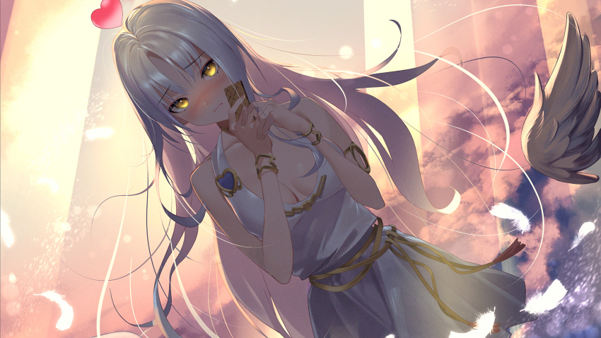1girl armlet backlighting bangs bare_shoulders blush bracelet breasts caren_hortensia caren_hortensia_(amor_caren) closed_mouth collarbone dress fate/grand_order fate_(series) feathers gradient_sky heart highres jewelry kainownill light_rays long_hair looking_at_viewer medium_breasts orange_sky short_dress sky twilight wavy_hair white_dress white_hair wings yellow_eyes yellow_sky