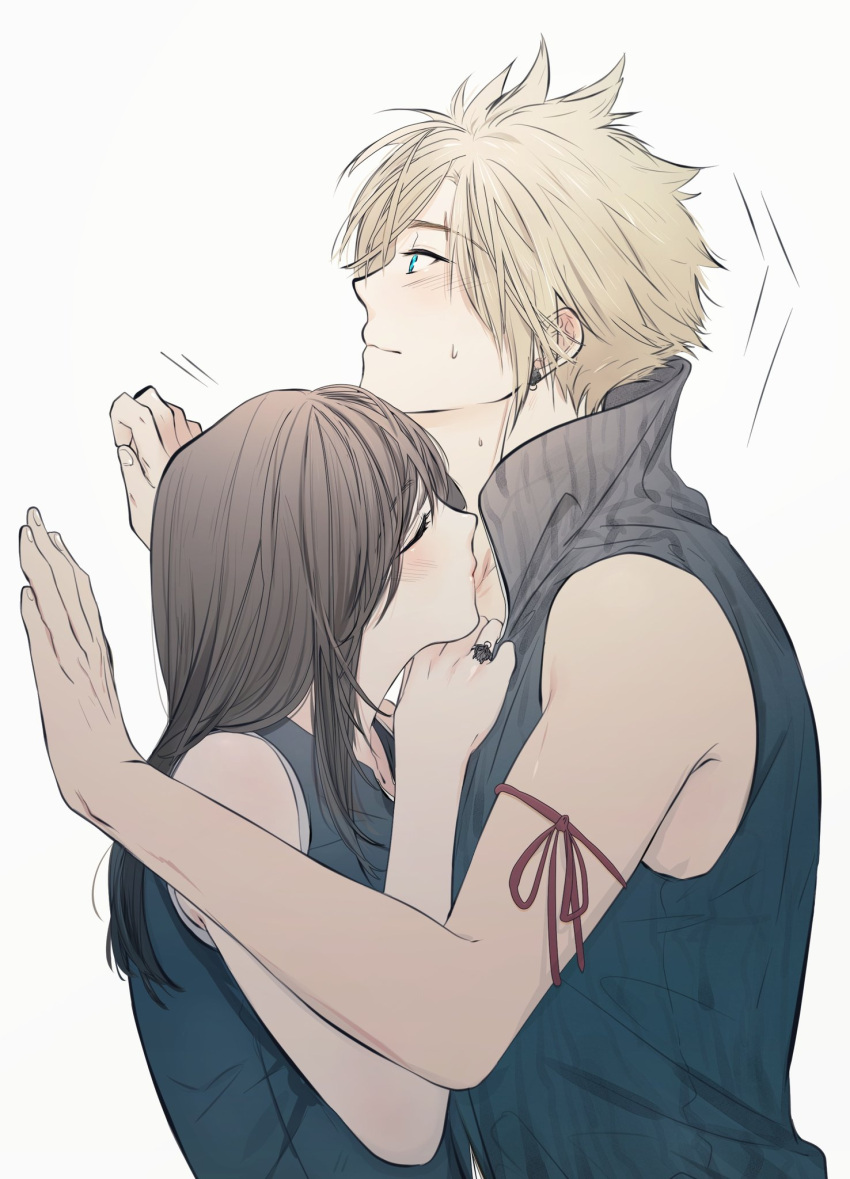 1boy 1girl against_wall bare_arms bare_shoulders blonde_hair blue_eyes blush breasts closed_eyes cloud_strife couple earrings facing_another final_fantasy final_fantasy_vii from_side hetero highres invisible_wall jewelry khaw_(cloudstdontcare) kiss long_hair profile red_ribbon ribbon shirt short_hair sleeveless smile striped sweat tifa_lockhart upper_body
