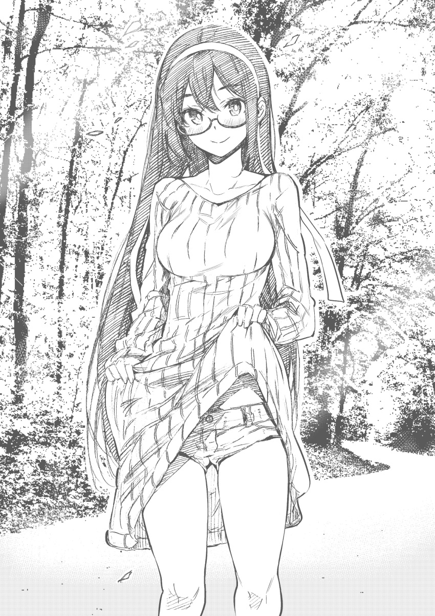 1girl absurdres alternate_costume ass bag bangs blush breasts clothes_lift cowboy_shot dress dress_lift eyebrows_visible_through_hair glasses greyscale hairband handbag highres kantai_collection kojima_takeshi lifted_by_self long_hair looking_at_viewer looking_back medium_breasts monochrome ooyodo_(kancolle) outdoors ribbed_dress semi-rimless_eyewear short_shorts shorts smile solo standing sweater sweater_dress sweater_lift tree under-rim_eyewear